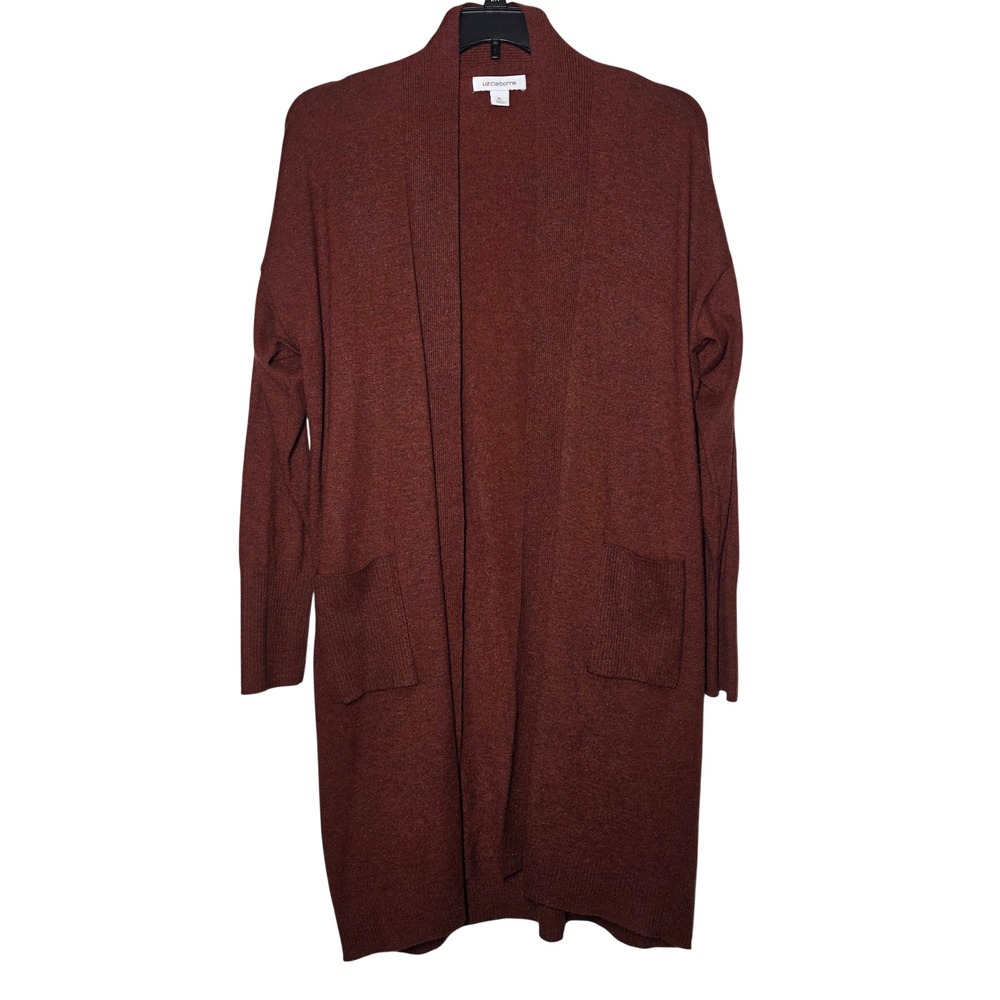 Liz Claiborne XL Rust Brown Open Front Duster Cardigan Sweater Pockets Longline